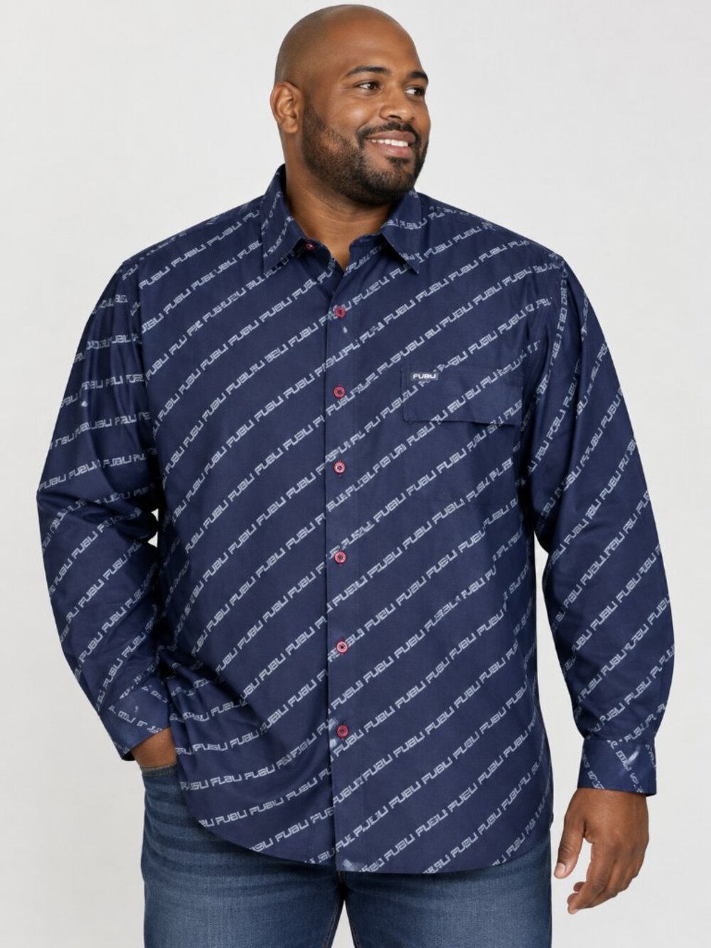 Vintage Y2K FUBU Mens XXL Navy All Over Logo Button Down Shirt Hip Hop 2XL